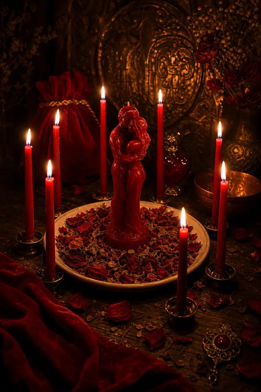 Velación de amarre de amor: una vela roja con forma de pareja abrazada sobre un plato de pétalos de rosa, rodeada de velas encendidas